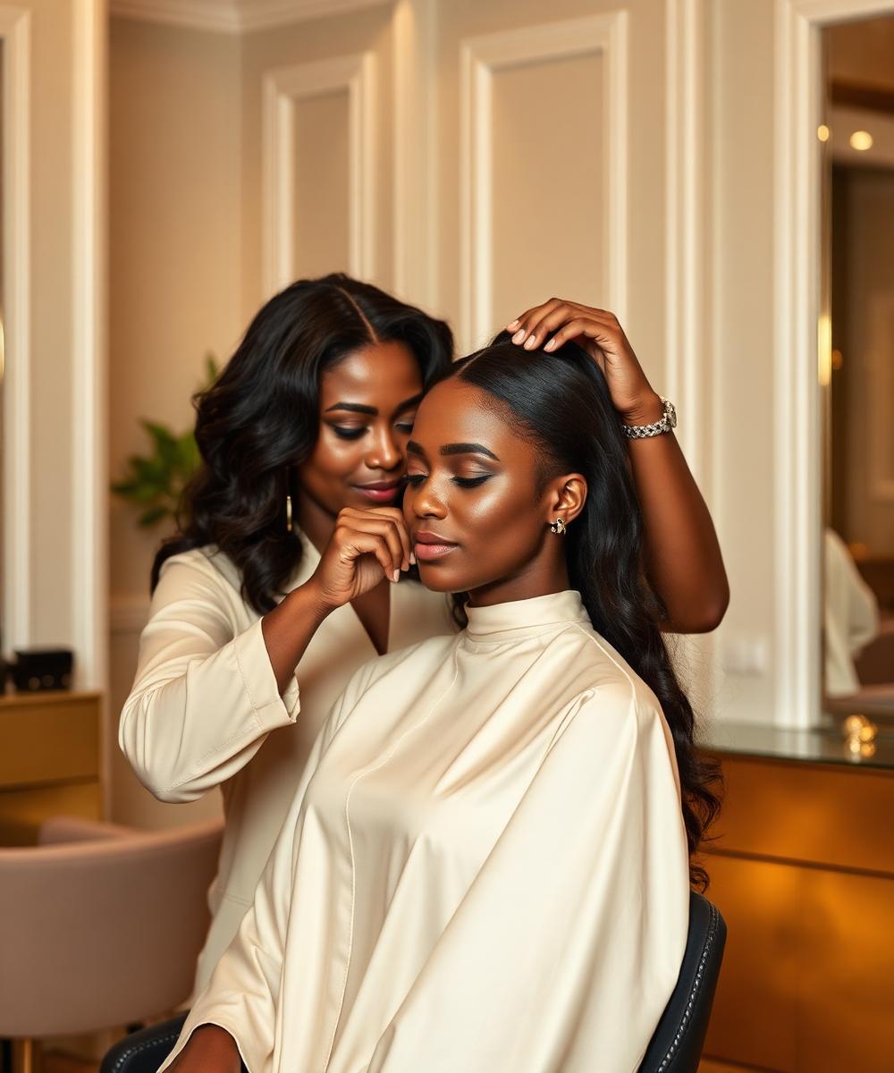 Stylist silk pressing a client's hair in a luxury salon suite
