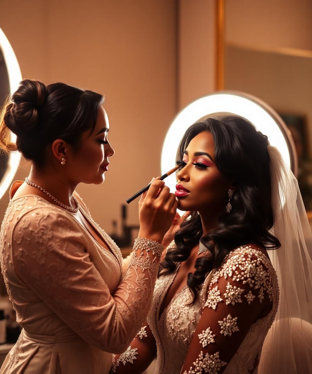 Makeup artist applying bridal makeup to a client